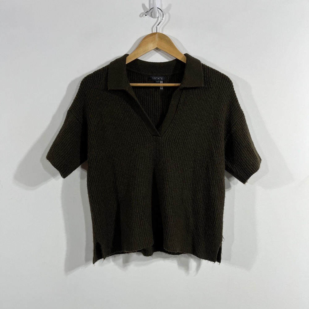 1.STATE Preppy Old Money Heritage Ribbed Knit Polo Sweater Olive Green Small